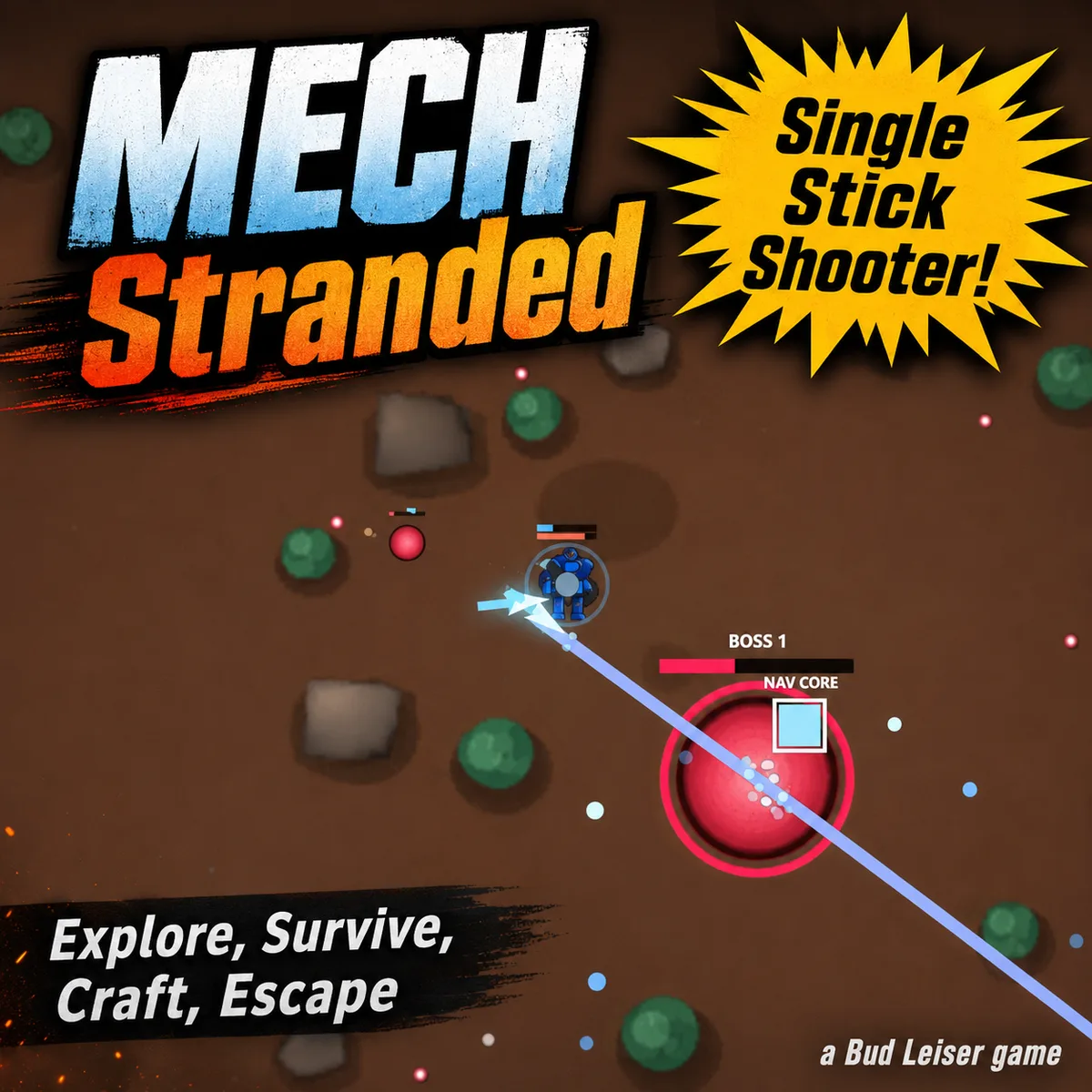 MECH Stranded gameplay: a lone mech duelling a boss on a hostile planet